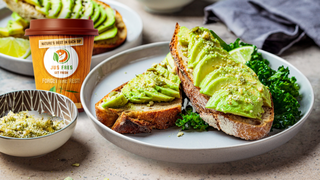 nutritional snacks with orange juice - Whole Grain Toast with Avocado